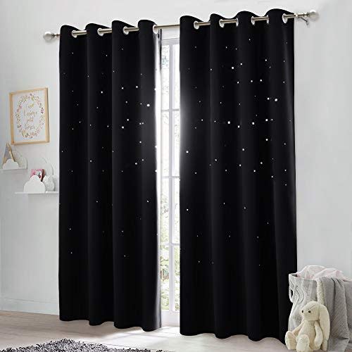 NICETOWN Black Stars Kids Curtains - Starry Night Sleep-Enhancing Cosmic Themed Room Darkening Twinkle Space Star Curtain for Boys Outer Space Theme Room (Single Panel, W52 x L84, Black)