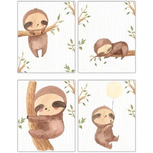 TRENDYPRINT Baby Sloth in the Jungle - Children’s Nursery Room Décor – Set of Four 8" x 10" Wall Art – Officially Licensed Merchandise