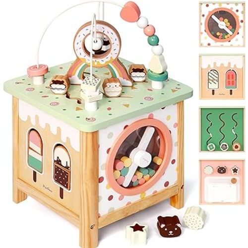 PairPear Wooden Activity Cube Montessori Toys Wooden Play Cube Activity Center Baby Busy Board Multifunctional Early Educational Development Toys Sensory Gifts for Toddlers Girls Boys 1 2 3 Year Old