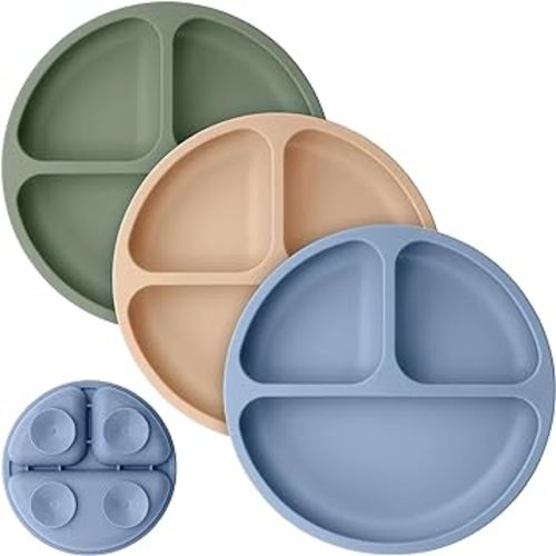 Cutebe 3 Pack Suction Plates for Baby Food Grade Silicone Baby Plates with Suction Microwave & Dishwasher Safe Toddler Plates Divided Design & Raised Edges Toddler Dishes for Feeding