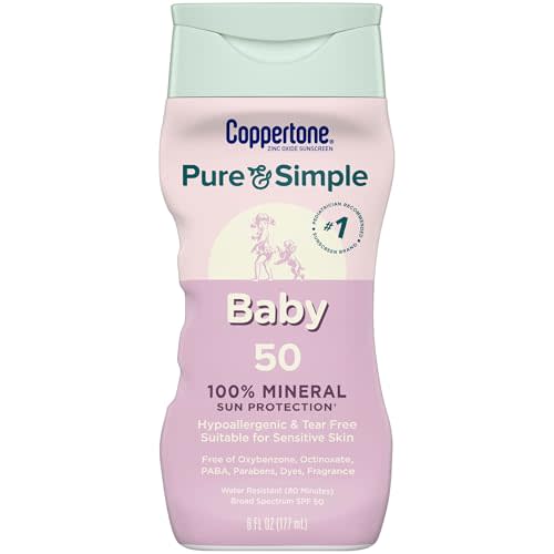Coppertone Pure and Simple Baby Sunscreen Lotion SPF 50, Broad Spectrum Sunscreen for Baby, 6 Fl Oz Bottle