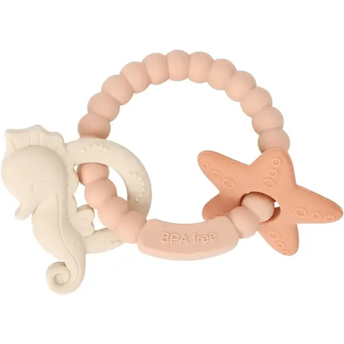 Silicone Teething Ring Toy, Baby Teether Toys with Rattles, BPA Free Sensory Chew Toys for Babies 3-6-12 Months to Soothe Sore Gums, Great Shower, Christmas Gift(Blush)