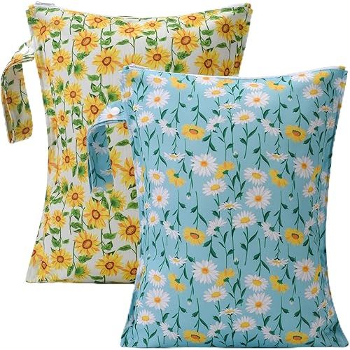 2PCS Waterproof Wet Bags for Baby Cloth Diaper,Reusable Travel Bags,Pump Parts,Beach,Pool,Gym Bag for Swimsuits&Wet Cloth Leak-proof Lightweight-Sunflower