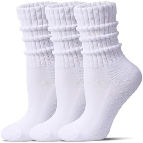 Toetally Pilates Socks for Women Mid Calf Slouch Yoga Socks with Non Slip Grippers for Barre Boot Sock 3 Pairs