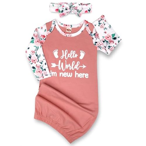 Newborn Baby Girl Gown 0-6 Months, Super Soft Newborn Sleepers Gown, Long Sleeve Infant Nightgown for Girls, Baby Girl Outfit Essential with Headband Set Pink