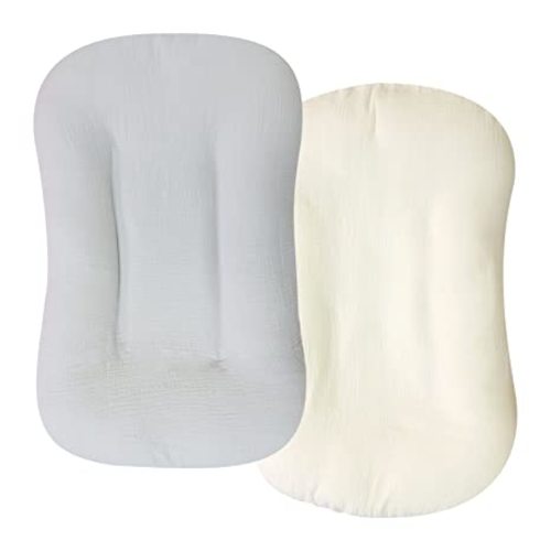 Muslin Baby Lounger Cover 2 Pack, Organic Cotton Removable Slipcover for Newborn,Baby Padded Lounger Infant Floor Seat Cover for Boys Girls (Gray Creamy-White) - gray & creamy-white