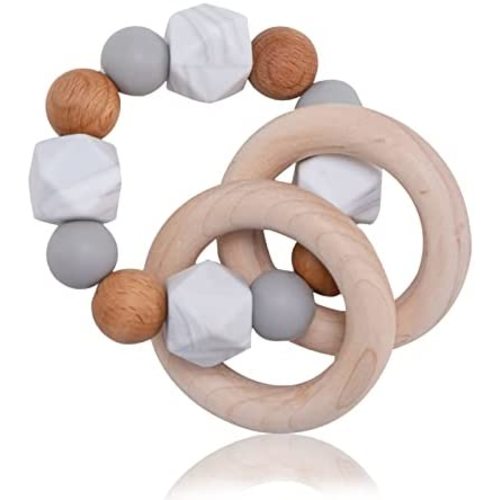 Baby Teething Toy, Teether Ring Toy for Baby Wooden Silicone Teether Toy Teething Ring Toy for Infant Baby 3 Months+, Marble