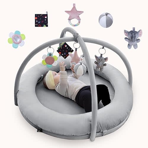 Hiseeme Baby Play Gym Mat, Thick & Plush Baby Playmats, Tummy Time Mat with 5 Sensory Toys for Newborn Development, Baby Activity Mat for Infant with Non-Slip Cushioned Foam Padding (Grey)
