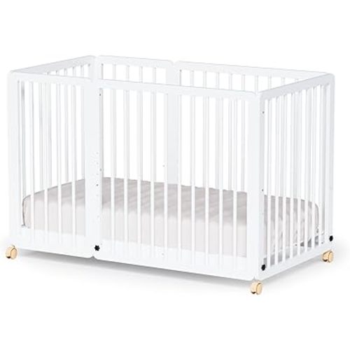 JOYMOR 8 in 1 Convertible Crib with Changer, Include 2” Mattress, Converts to Bassinet, Mid Crib, Full Size Crib, Daybed,Toddler Bed and Playard (Crib, White)