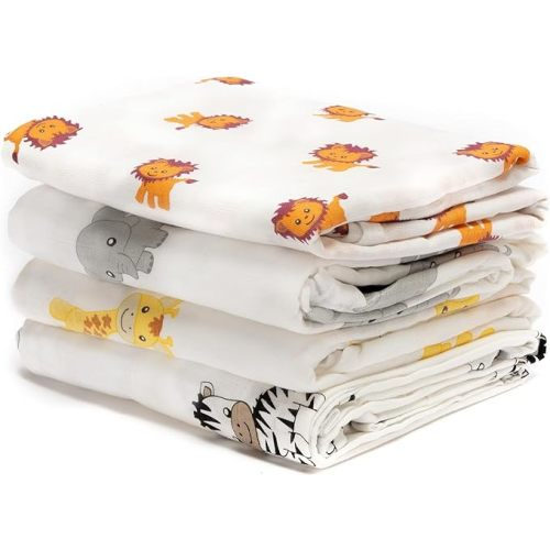 CuddleBug Muslin Baby Swaddle Blankets for Boys and Girls Size Large 4 x 4 Feet – Muslin Cotton 4 Pack (Safari Friends)