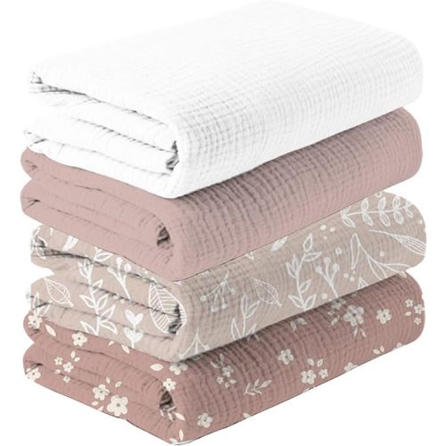 Happy Flute 4Set Muslin Swaddle Blankets–Ultra Soft Baby Blanket for Newborns,Receiving Blankets for Baby Girls & Boys–Baby Essentials 0-3 Years,40x40inches (Flower)