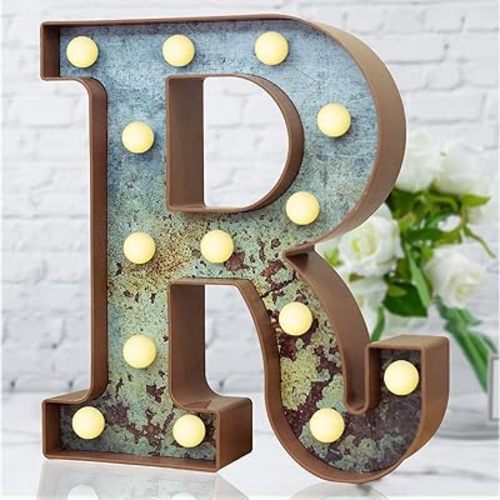 LED Marquee Light Up Letters Industrial Vintage Style Lighted Letters Rust Metal Effect Marquee Letter with Lights Illumination Letter Signs for Christmas Wedding Birthday Party Home Cafe Bar Decor-R