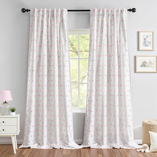 MYSKY HOME 100% Blackout Curtains for Girls Bedroom 95 Inch Long Total Room Darkening Curtain for Living Room 2 Panels Back Tab Light Blocking Sliding Door Drapes with Pink Pom Pom Sheer 52 x 95 Inch