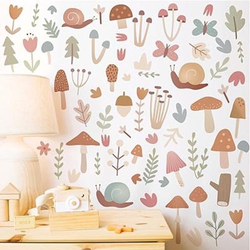 Woodland Mushroom Wall Stickers Boho Nursery Wall Decals Peel and Stick Forest Woodland Boho Wall Stickers Cute Mushroom Wall Decals for Kid Room Baby Bedroom Nursery Decor