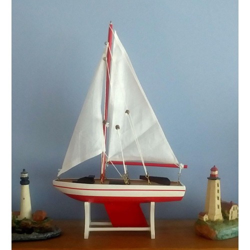 Pond Boat- Wooden Sailboat Sloop- 8&quot; Long   Floats! New/Assembled w/Red Hull