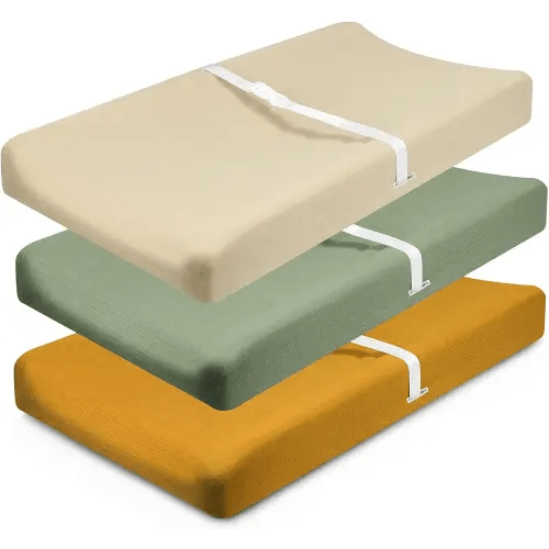 Muslin Changing Pad Cover, MomK!ds 3 Pack Changing Table Cover with Safety Straps Holes, Stretch Ultra Soft Diaper Changing Pad Sheets, Changing Table Sheets Fit 32"/34" x 16" Pads (Sage Green)