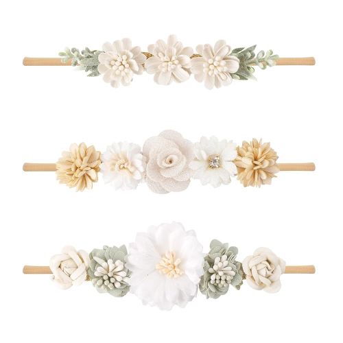 Baby Girl Nylon Headbands Flower Hair Bows Accessories-Elastic Hair Band Crown Handmade FLoral Wraps Birthday Gifts for Girls Newborn Infant Toddler 3Pcs