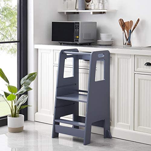 Kid's Wooden Kitchen Step Stool, Adjustable Platform Standing Tower, with Safety Guardrail Child Studying Tower, Toddler Stool for Bathroom, Cooking Helper(Grey)