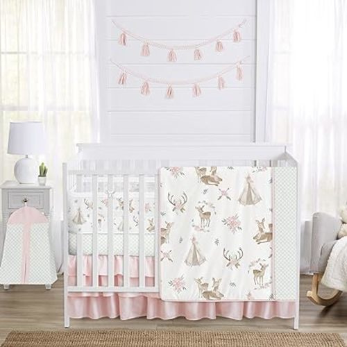 Sweet Jojo Designs Woodland Deer Floral Girl Baby Crib Bedding Set Infant Nursery Room BreathableBaby Breathable Mesh Crib Liner Blanket Fitted Sheet Skirt 6p Pink Mint Green Boho Bohemian Shabby Chic