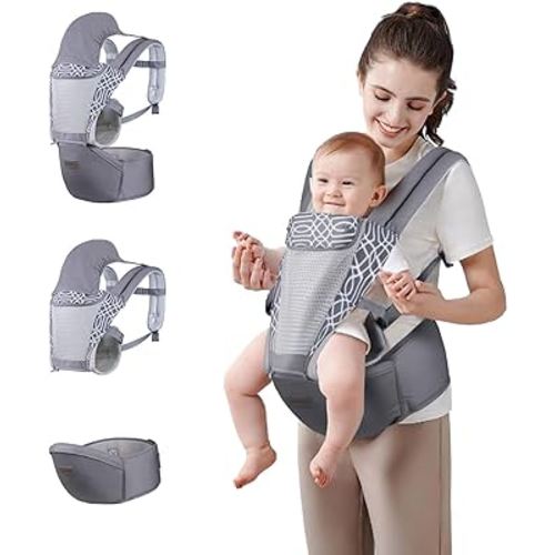 Baby Carrier Newborn to Toddler with Hip Seat Breathable Ergonomic 6 in 1 Baby Hip Seat Carrier with Hood & Extra Safety Belt Breastfeeding & Infant Carrier Soft Baby Holder Carrier for All Seasons