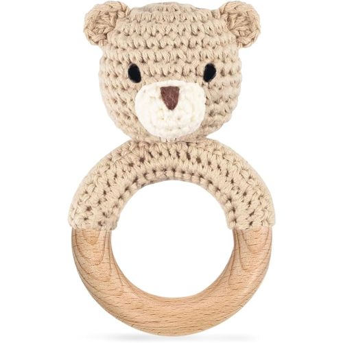 Wooden Baby Rattle, Handmade Crochet Stuffed Animal Organic Rattle Toys, Beige Bear Rattles for Babies 0-6 Months with Wood Teething Rings, Baby Announcements Ideas