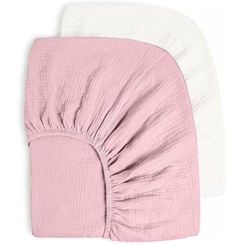 Bearmoss Muslin Crib Sheets 100% Cotton Baby Bed Sheets Soft&Breathable Nursery Sheet 28"x 52" for Standard Crib Mattress&Toddler Bed Mattress 2 Pack (Strawberry Milk)