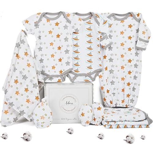 100% Organic Cotton Baby Clothes Unisex Layette Gift Set for Boys and Girls 8-Piece New Born Essentials, 0-3 Months