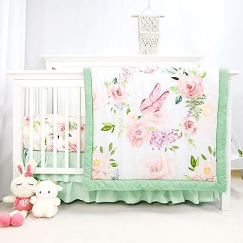 4-Piece Crib Bedding Set, Baby Girl Crib Bedding Set Butterflies Floral Nursery Bedding Set Includes Comforter, Fitted Crib Sheet, Crib Skirt, and Diaper Stacker, Green & Pink