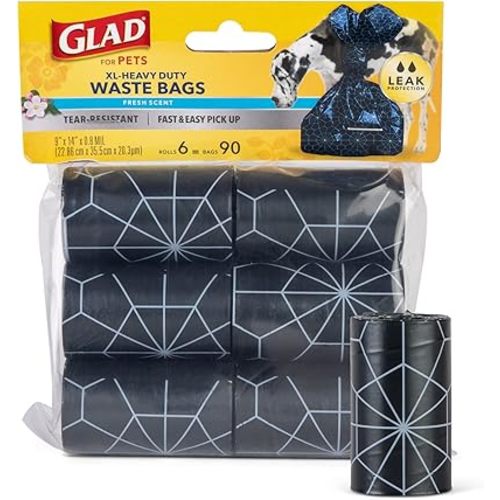 Glad for Pets Extra Large Scented Dog Poop Bags, Heavy Duty Tear-Resistant Pet Waste Pickup Bags with Fresh Scent, Easy-Tie Handles for Walking, Camping, Travel, 90 Count