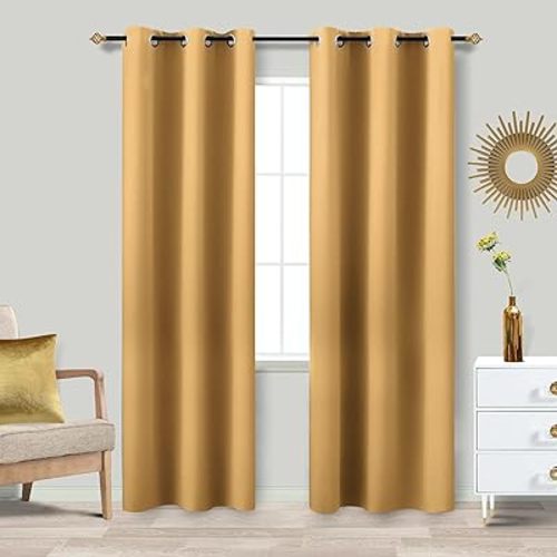 Gold Blackout Curtains for Living Room,2 Panels Set Christmas Decor Room Darkening Thermal Insulated Sun Blocking Grommet Window Drapes Long Curtain Panels for Bedroom,84 Inch Length,Light Yellow