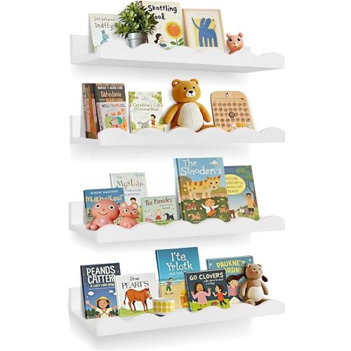 Nursery Book Shelves, 4 Pack White Floating Shelves for Wall, Wood Scalloped Shelves for Storage Books, Wall Book Shelf for Kids Rooms, Bedroom, Toddler Room, Baby Room, Nursery Decor