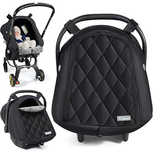 Orzbow Winter Baby Car Seat Cover with Front Zipper Door, Cold Weather Carseat Cover Canopy, Side Breathable, Rain, Snow and Wind Proof Car Seat Carrier Canopy Cover, Machine Washable, Black