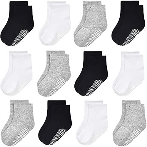 GRPSKCOS Baby Socks Boys Girls, 12 Pairs Non Slip Socks Anti Skid Sticky Cotton Socks for 0-7 Years Infant Toddler Kids