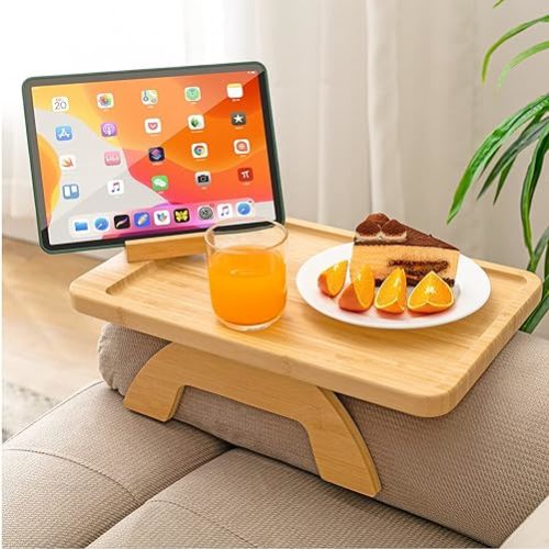 SINWANT Couch Arm Tray,Bamboo Sofa Clip on Side Table,Foldable Couch Armrest Table with 360° Phone Holder,Food Trays for Eating/Drinks/Snacks/Remote