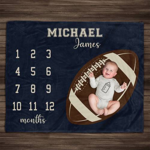 Personalized Football Milestone Blanket Sports, Milestone Blanket Boy, New Mom Gift, Newborn Baby Gift, Football Blanket, Baptism Gift