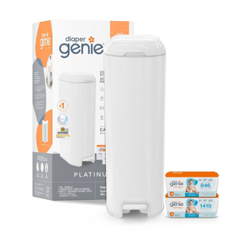 Diaper Genie Platinum Pail Gift Set, Lily White, Made of Durable Stainless Steel and Includes 2 Easy Roll Refills with 18 Bags and 30 Bags