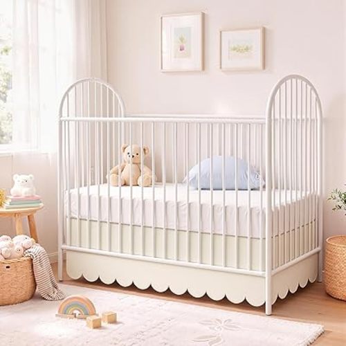 Hahafelt Scalloped Crib Skirt for Baby Girl Nursery, 28"x 52" with 14" Drop, 4-Sided Dust Ruffle, Soft Breathable Fabric, Elegant Nursery Decor, Fits Standard Crib, Beige