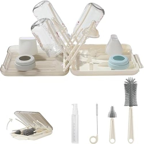 6 in 1 Bottle Cleaning Brush Set with Silicone Bottle Brush, Nipple Brush, Straw Brush, Soap Dispenser, Drying Rack for Baby Bottle and Water Bottle, Space Saving Baby Essentials for Home and Travel