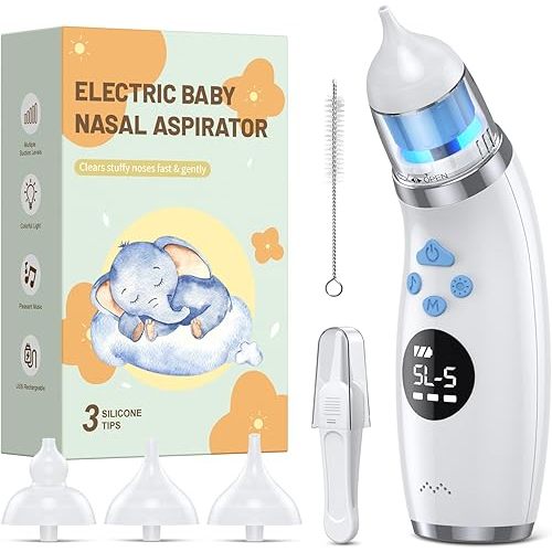 Nasal Aspirator for Baby, Baby Nose Sucker with 3 Soft Silicone Tips, 5 Levels of Suction Adjustment, Electric Nose Suction for Baby,Built-in Music & Light Soothing