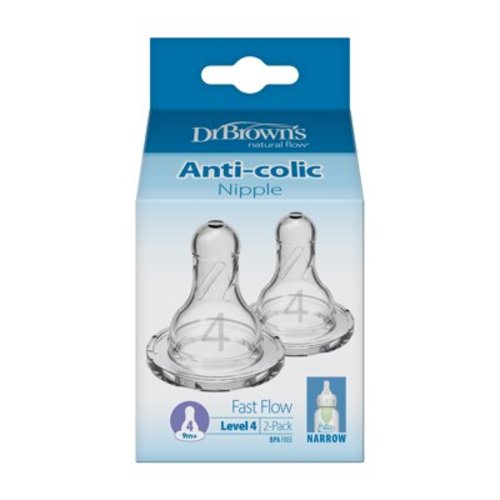 Dr. Brown's Natural Flow Level 4 Narrow Baby Bottle Silicone Nipple, Fast Flow, 9m+, 100% Silicone Bottle Nipple, 2 Pack