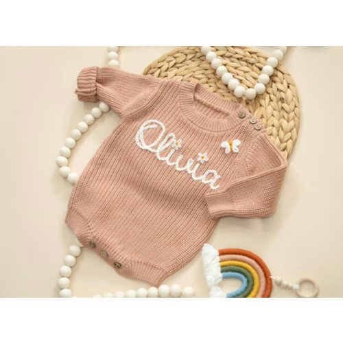 Infant Baby Personalized Hand Embroidered Knit Sweater, Newborn Home Coming Custom Sweater Romper, Newborn Embroidered Name Baptism Sweater
