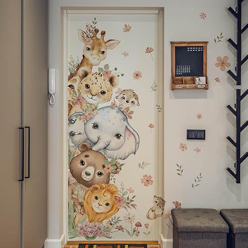 44.09 x 39.37 Inch Watercolor Floral Animal Door Decal Cute Safari Animal Door Sticker Removable Lion Elephant Giraffe Wall Decals for Nursery Playroom Bedroom Classroom Kindergarten Wall Decor