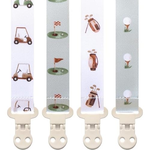 Baby Pacifier Clip Holder - Girl or Boy Unisex 4 Pack Gift Set – Neutral Modern Golf Theme Green Brown Beige