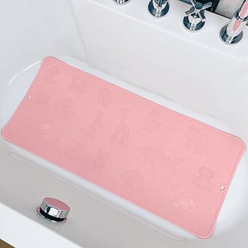 Silicone Non Slip Kids Bath Tub Mat - Anti-Slip Bathtub Mat for Baby Toddler & Adults, Bathroom Shower Safety Mat, Slip-Resistant, 35 x 15 Inches (Pink)