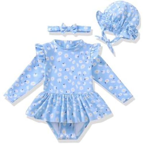 Infant Baby Girls Swimsuit Toddler Bathing Suit Long Sleeve Zipper One-Piece Rash Guard Ruffle Swimwear with Hat