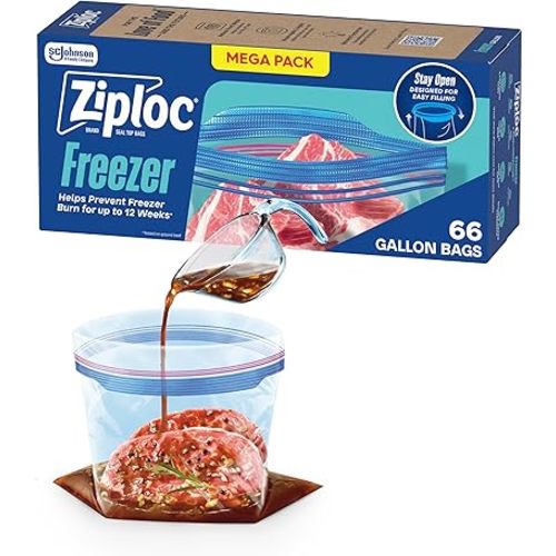 Ziploc Gallon Food Storage Freezer Bags, Stand-Up Bottom, Easy to Fill, 66 Count