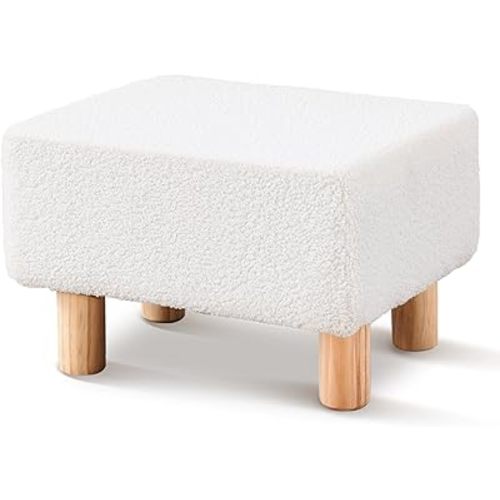 Wimarsbon Ottoman,Modern Footrest with Soft Padded Seat,Teddy Velvet Foot Stool with Wood Legs,Small Square Pouf for Living Room,Bedroom and Office (White)