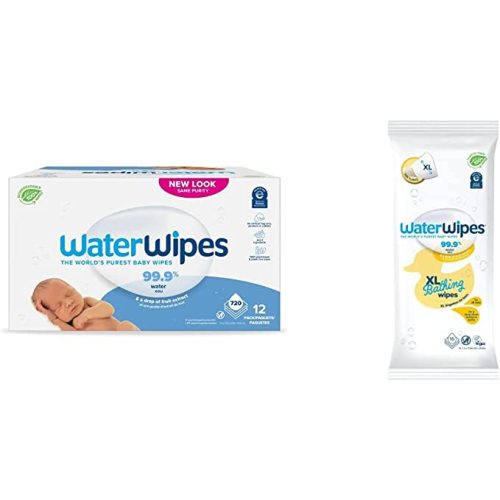 WaterWipes Original 720 Count (12 packs) and WaterWipes Textured XL Bath Wipes 16 Count (1 pack), Plastic-Free, 99.9% Water Based Wipes, Unscented, Hypoallergenic for Senetive Skin, Packaging May Vary