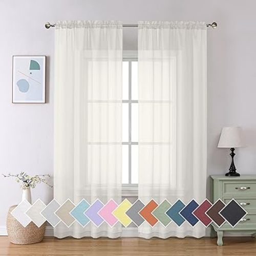 Aiyufeng Modern Sheer Window Curtains, Rod Pocket Long Curtains Translucent Drapes Semitransparent Privacy with Light Through for Bedroom/Living Room, Ivory, W42 x L90, 2 Pieces