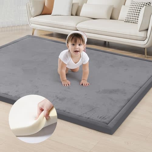 ACOMOPACK Baby Play Mat for Floor 1.3" Thick Memory Foam Play Mat 59"×71" Tummy Time Crawling with Non-Slip Bottom for Living Room,Nursery,Soft Velvet Playpen Mats for Kids,Infants(Dark Grey)